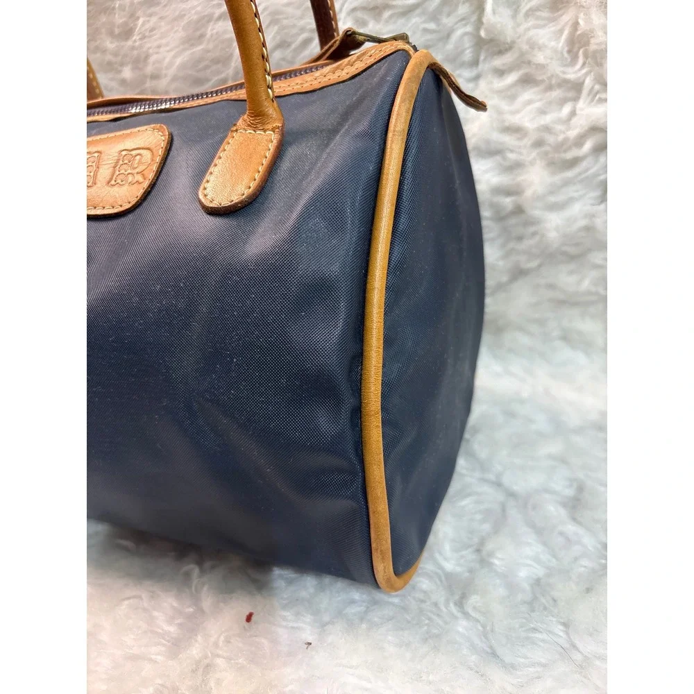 Jon Hart Navy Blue Nylon Barrel Bag Tan Leather Trim‎ Vintage Satchel Handbag